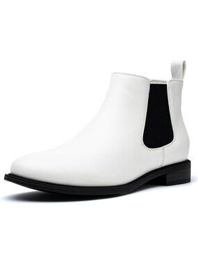 Anjoufemme Size 9 Chelsea Ankle Boots Classic White Synthetic Leather Flat Heel